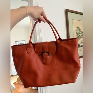 Elegant Brown Leather Longchamp Tote Bag